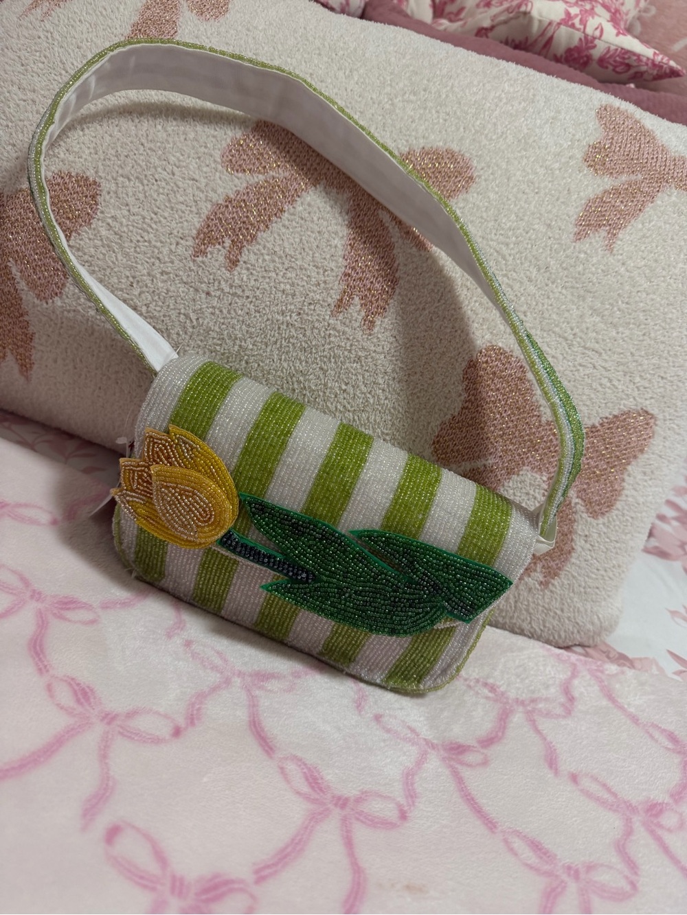 Beaded Green & White Striped Shoulder Bag with Tulip Appliqué